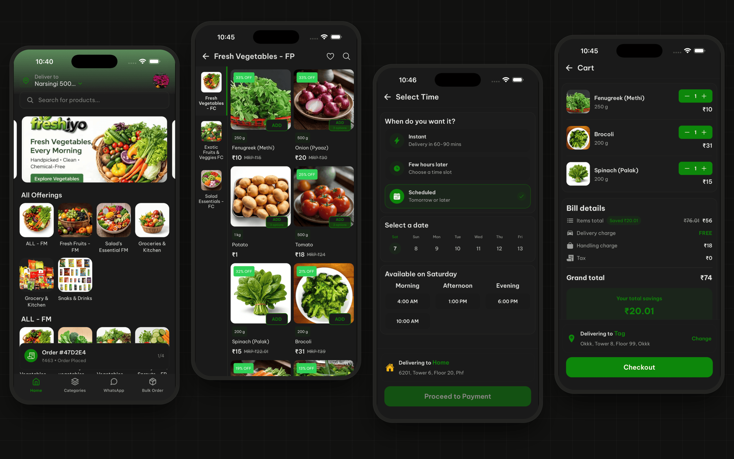 Four Freshiyo app screens: the home screen with grocery categories, a fresh vegetables list with prices, choosing a delivery time slot, and the cart with the bill.