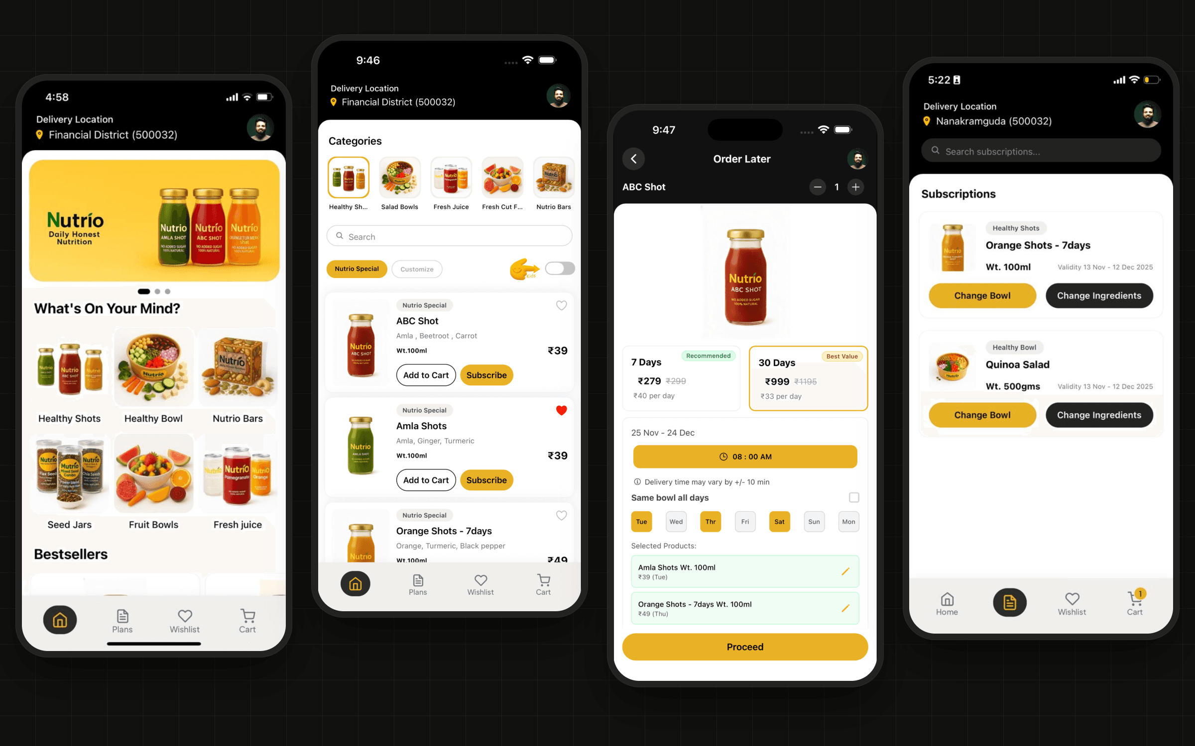 Four Nutrio app screens: the home screen with healthy shots and bowls, a product list with subscribe buttons, 7-day and 30-day plans, and active subscriptions.