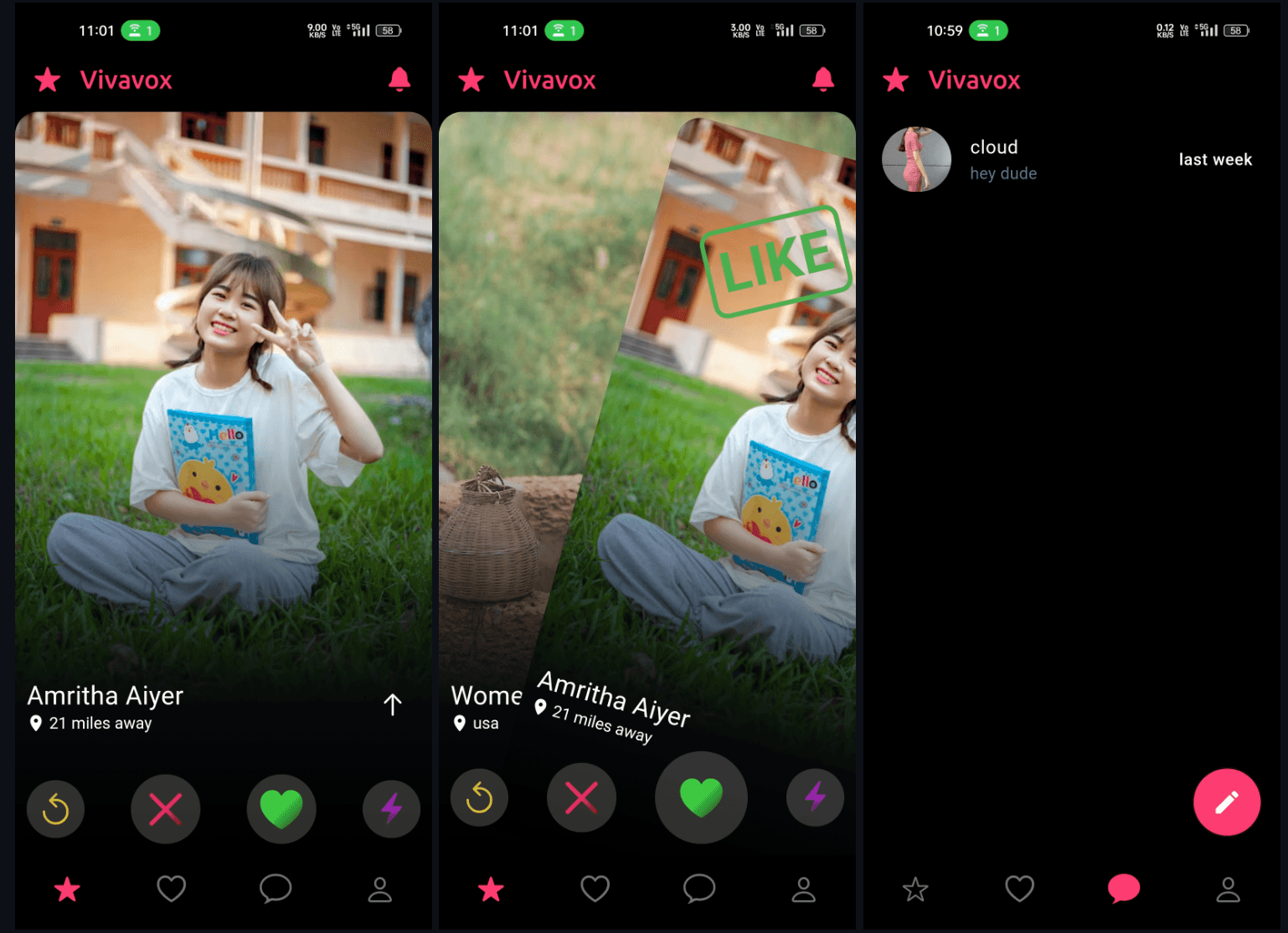 Three Vivavox app screens: a profile card, a profile being swiped with a Like stamp, and the chat list.
